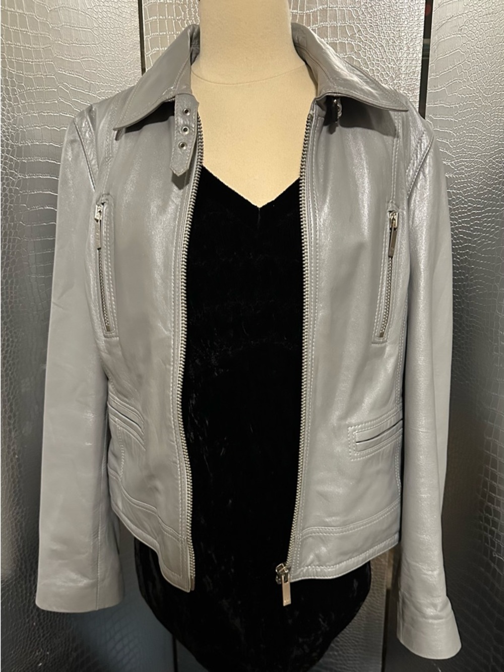 Tommy Hilfiger Light Gray Pearlescent Faux Leather Moto Jacket